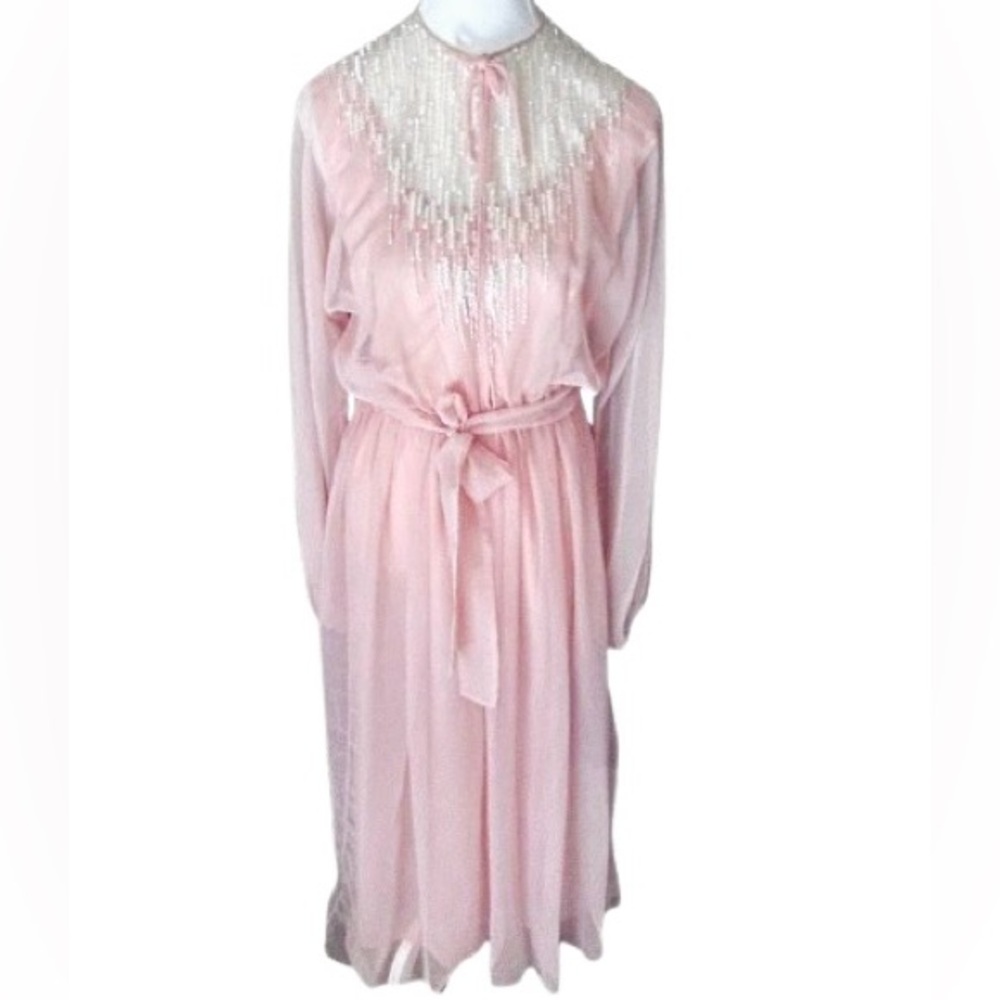 Vintage Sheer Pink Beaded Saks Fifth Avenue Blush Pink Fairy Evening Maxi Dress